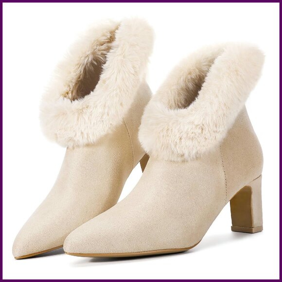 Shoes - Faux Suede Ankle Boots Chunky Heel Pointed Toe Zipper Dress Booties